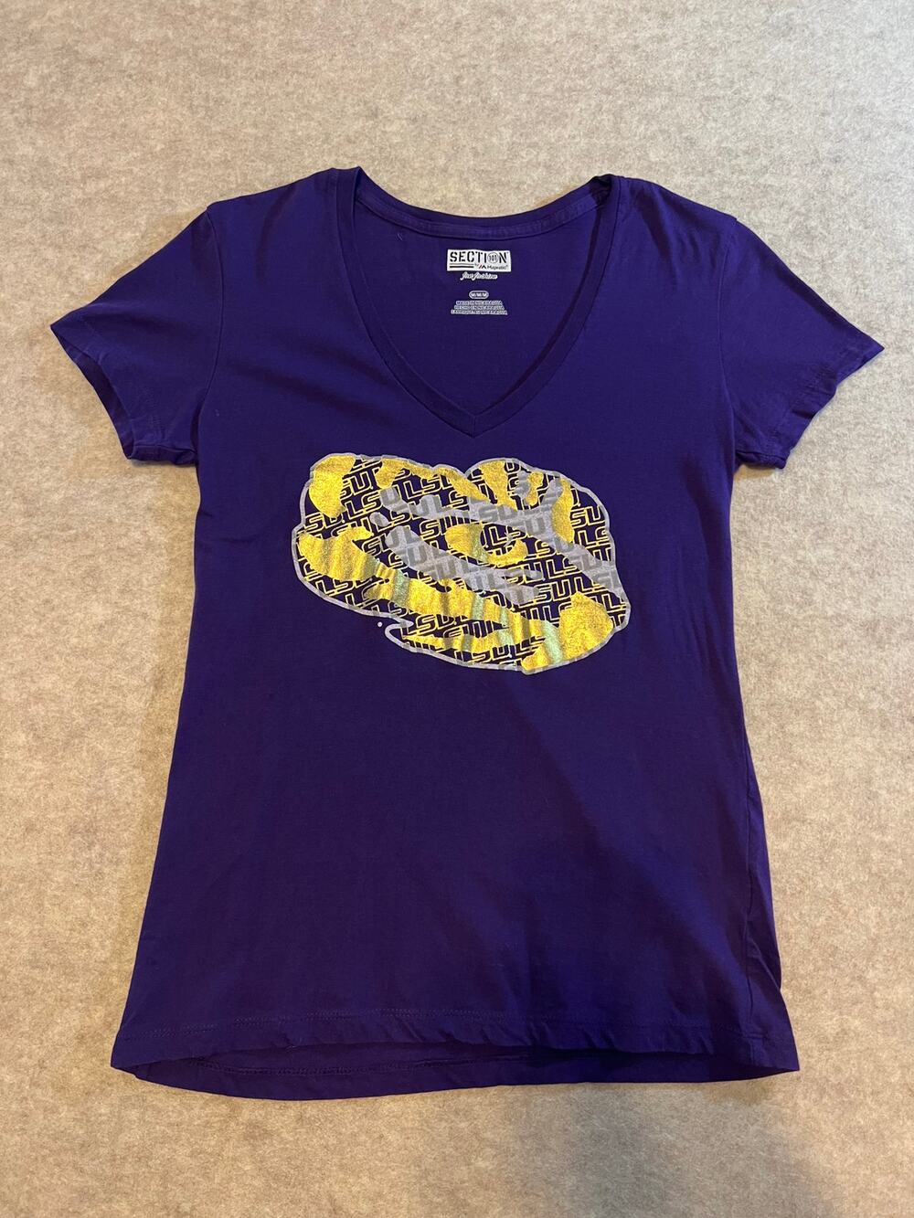 LSU Tigers Women's Purple V Neck Tshirt Section 101 Majestic Metallic Medium